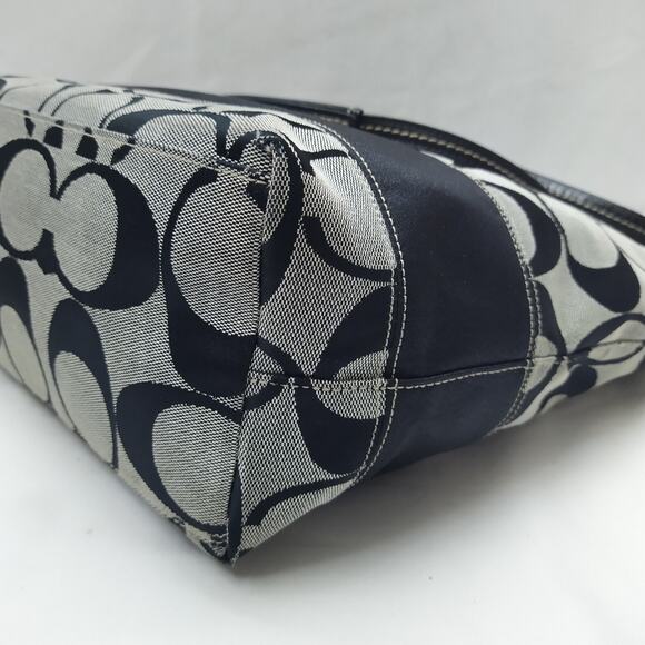 Coach Signature Black Canvas Stripe Double Handles Zipper Tote Shoulder Bag - Picture 15 of 16